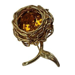 Castlecliff Flower Brooch Gold Tone with Large Amber Colored Stone